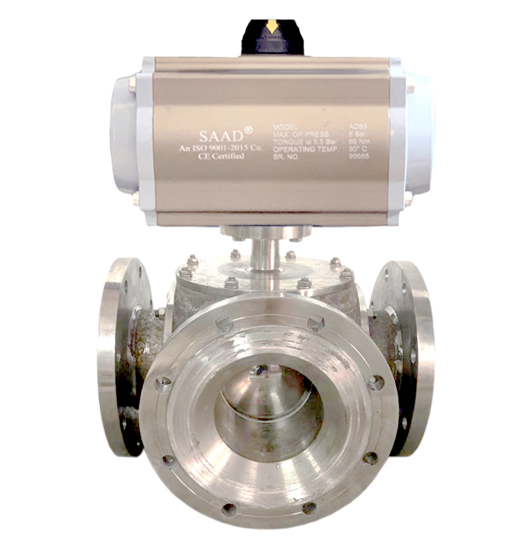 Pneumatic Actuator Operated Three Way Ball Valve Flange End 